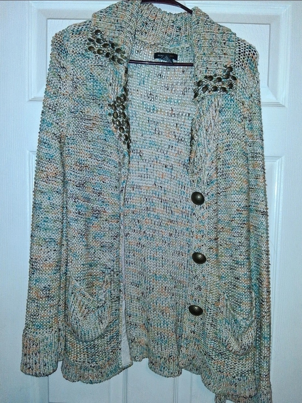 BCBGMaxAzria Multicolor Knit Shawl Collar Cardigan in Teal, Beige, Cream